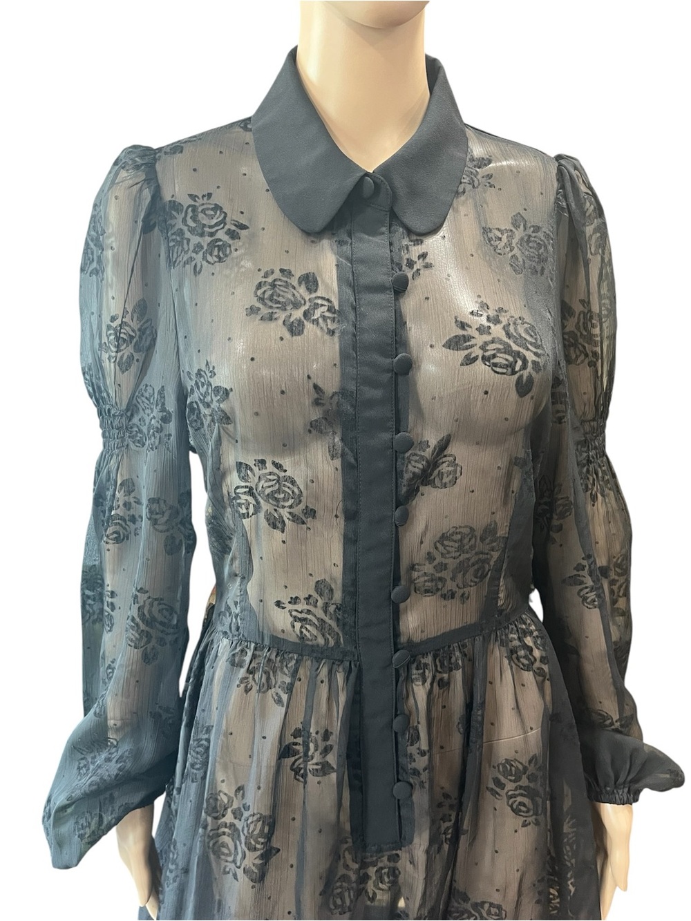 Voodoo Vixen Black Rose Sheer Midi Shirt Dress • Whimsigoth Rockabilly M - Picture 3 of 12